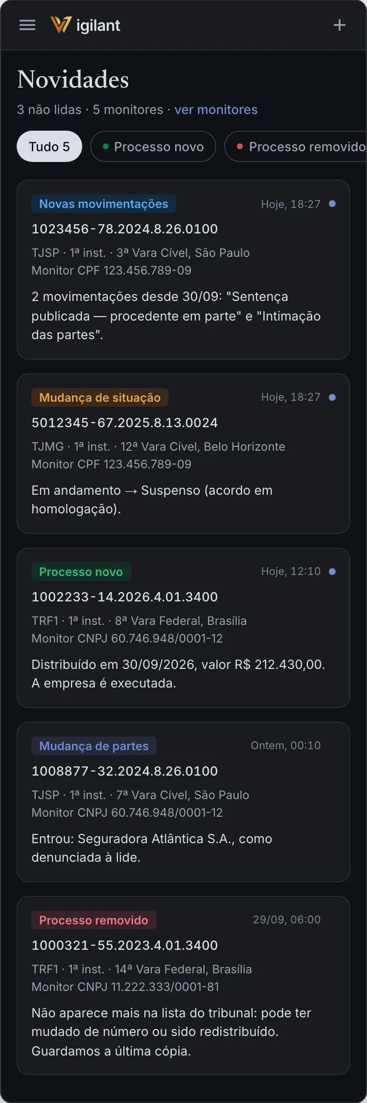 Vigilant's updates screen on a phone with alerts of new movements, status change and new lawsuit